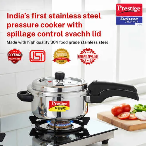 SKU 20248 Prestige 3 Litre Stainless Steel Deluxe Alpha Svachh Outer Lid Pressure Cooker | 10Y Warranty | Deep Lid for Spillage Control | TRIPLY Base | Gasket Release System | Gas & Induction Compatible | ISI - Alternate View